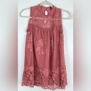 Worthington Blouse High Neck Lace Sheer Mauve Pink Chic Lace Sleeveless Small